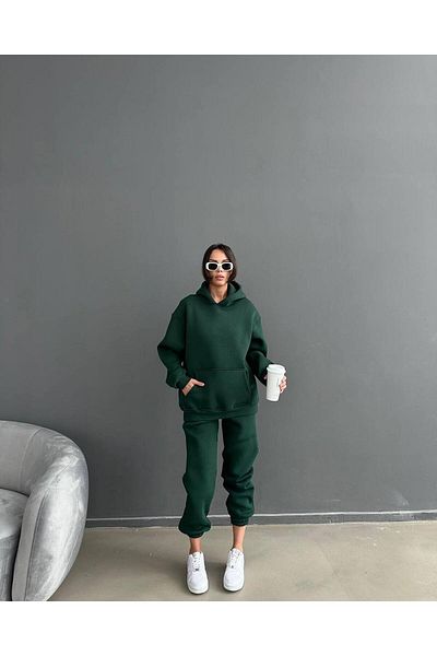 CLAYES Unprinted Sweatpants Set Sweatshirt Jogger - Green Oversize Raised Hooded