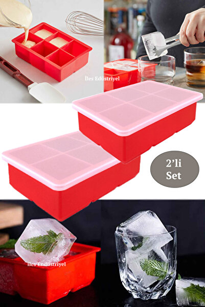 Eysigo Silikon Büyük Boy Xxl 6'lı Küp Buz Kalıbı, Kapaklı, Kırmızı 2 Adet