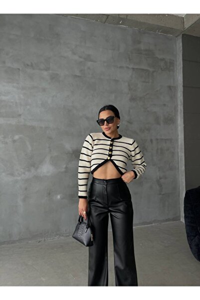 LB Laluna Butik Kadın Yüksek Bel Arka Cepli Salaş Deri Pantolon
