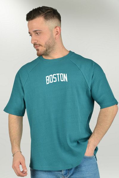 BESSA Ανδρικό μπλουζάκι με στάμπα Boston με λαιμόκοψη με πράσινο ύφασμα μέντας