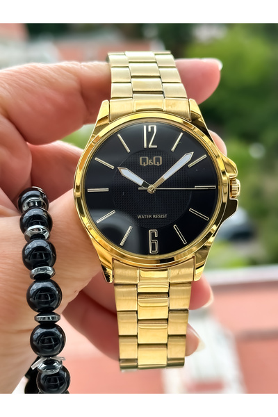 Q&Q Brand Gold Yellow Steel Strap, Waterproof, Thin Case Men's Wristwatch + bracelet