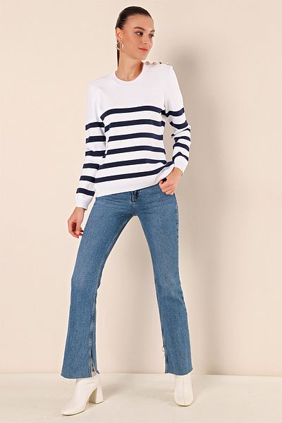 Bigdart Λεπτομερές ριγέ πουλόβερ 15820 με κουμπί - C.Navy Blue