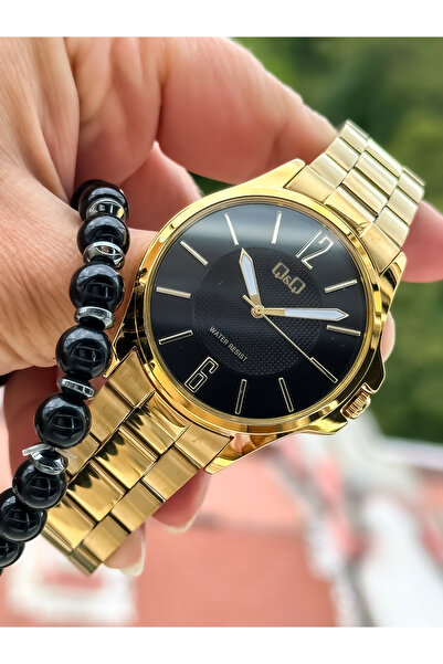 Q&Q Brand Gold Yellow Steel Strap, Waterproof, Thin Case Men's Wristwatch + bracelet