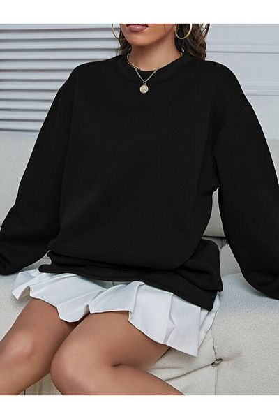 RABTEKS Hanorac oversize, negru, de bază, cu gât crew