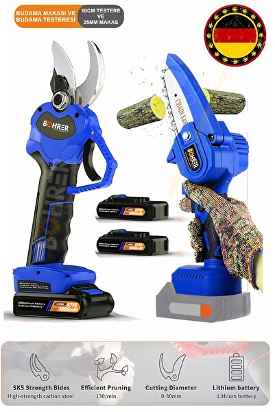 BÖHRER Süper 2'li V258 5000mAh Blue Akülü Budama Makası Ve Akülü Testere Ağaç Budama Makinesi