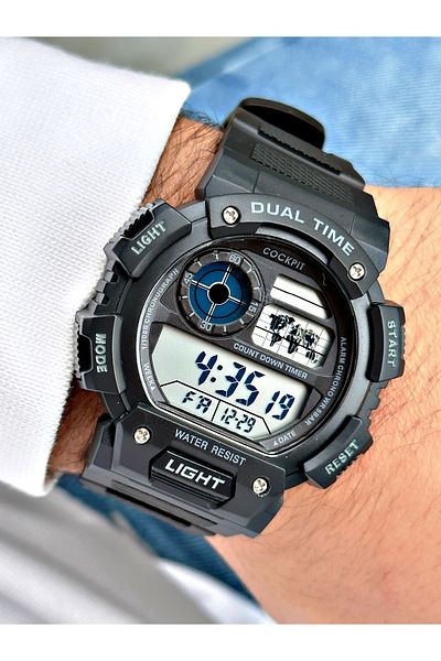 Cockpit Digital Men's Wristwatch with Silicone Strap 5 ATM Waterproof Alarm and Illuminated Stopwatch