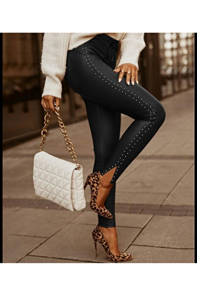 JANES Colanți de damă cu detaliu cu șliț și curea în talie, cu bandă cu mărge...