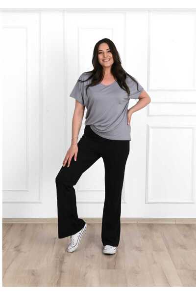 EDAMODA Crne leggins veličine plus Visok struk Zvonaste nogavice D Skuba tkanina