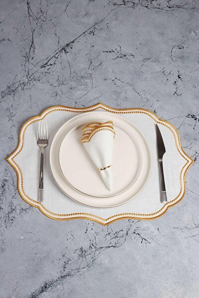 HOMENIVA Gold 6 Pieces Embroidered Linen Placemat - Linen Plate