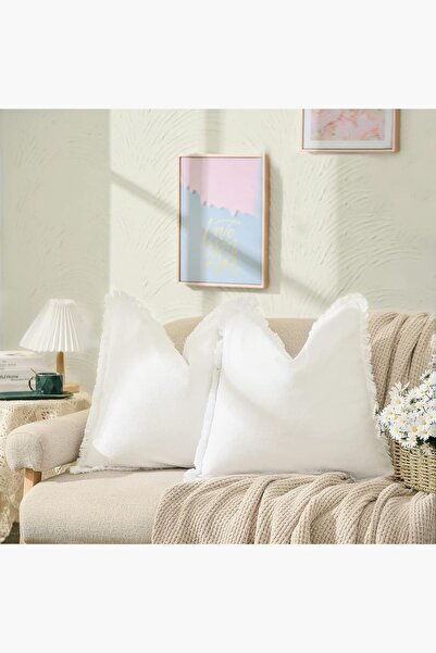 Bc Home 2'li Püsküllü Beyaz Lux Kare Dekoratif Kırlent Kılıfı 43 x 43 cm Iska...