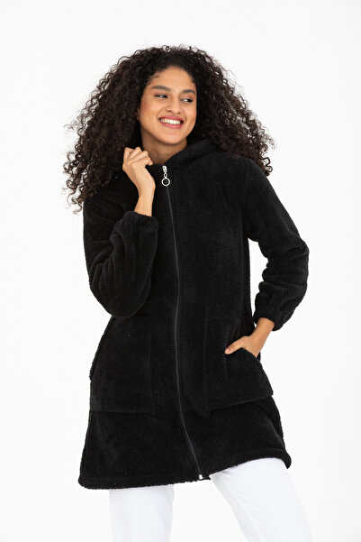 MODA VUSLAT Kadın Siyah Uzun Fermuarlı Polar Hırka