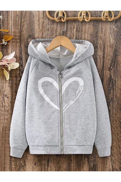 MORNİNG KİDS Girl's Heart Printed GRAY Zipper Cardigan