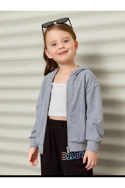 MORNİNG KİDS Girl's Good Mood Printed GRAY Zipper Cardigan