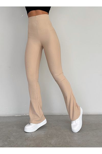 QUTTA Women's Beige High Waist Flare Leg Ribbed Ottoman Trousers