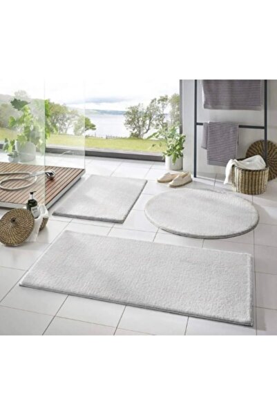 Plato Halı 3'lü Banyo Takımı Peluş Post Halı Gri -- Yuvarlak