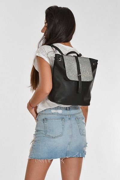 Moda1001 Δερμάτινο σακίδιο πλάτης με καλυμμένη ζώνη και διαμαντένια υφή - Μαύρο