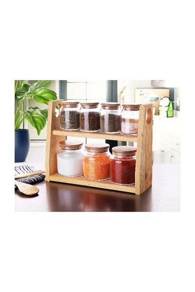 GÖNÜL 7-Piece Stylish Spice Set with Wooden Stand and Bamboo Lid