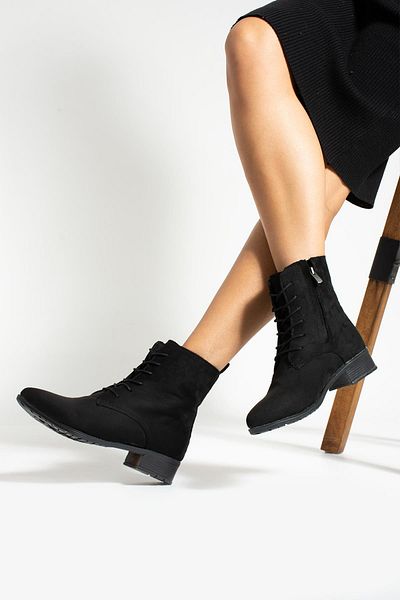 MissPapatya Γυναικείες μπότες με τακούνι Tangu Black Suede με κορδόνια με φερμουάρ