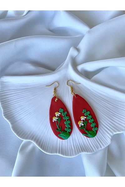 TREND Miyamila Collection Red Minimal Daisy Pattern Dangle Earrings