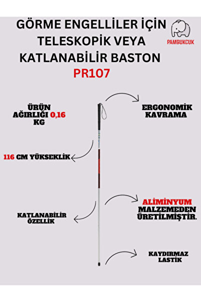 pambukcuk Görme Engelliler İçin Teleskopik veya Katlanabilir Baston PR-107