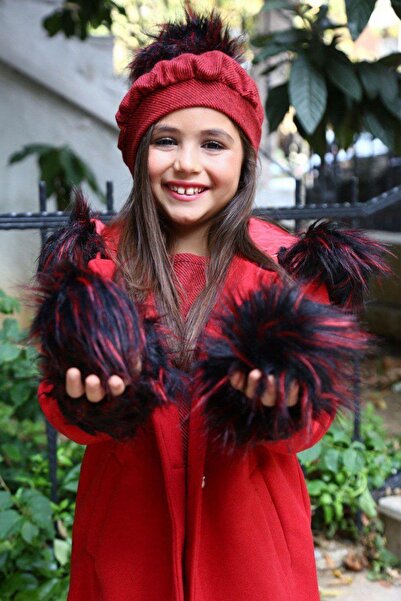 Riccotarz Girl's Red Stash Coat with Fur Detail on Sleeves and Hood and Pompom Beret