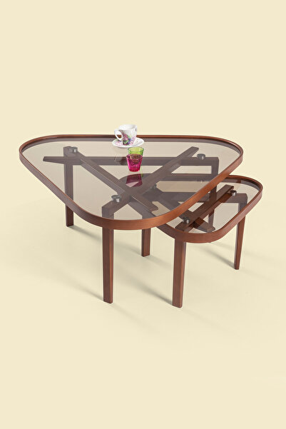 Eymense Vega Ceviz Yan Sehpalı İkili Orta Sehpa