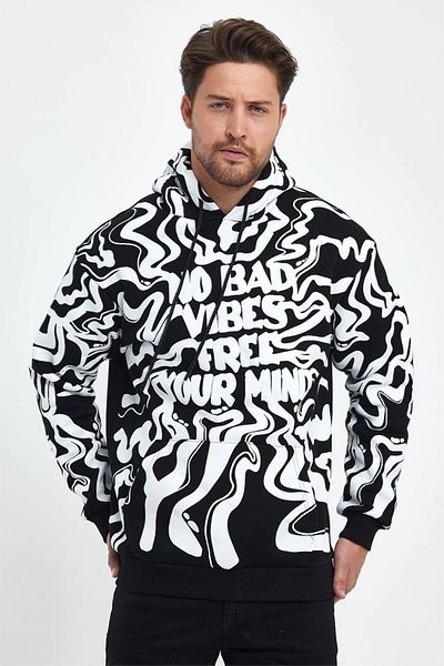MADZEYMODA Ανδρικό φούτερ με κουκούλα 3 κλωστών, μαύρο