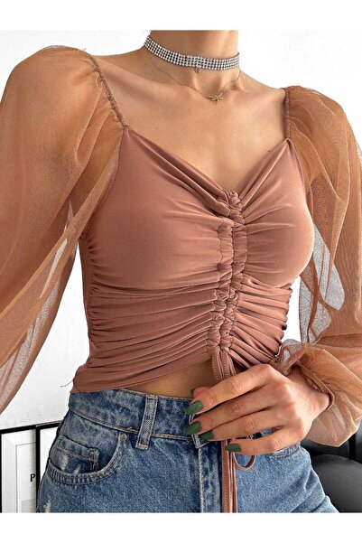 MST CLOTHİNG Γυναικεία μπλούζα με μανίκια από τούλι και λεπτομέρεια με κορδόν...