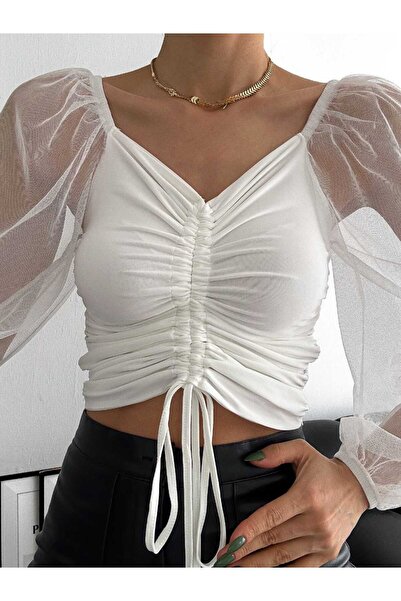 MST CLOTHİNG Γυναικεία μπλούζα με μανίκια από τούλι και λεπτομέρεια με κορδόν...