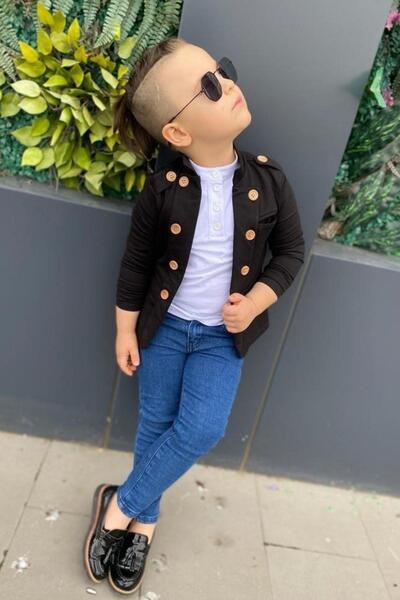 Riccotarz Boy's Blazer Jacket with Button Detail on the Shoulder and Jacket Collar, Black Top and Bottom Suit