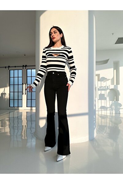 ByCukurovaFrango بنطلون أسود عالي الخصر بأرجل واسعة من الليكرا (احصل على مقاس...