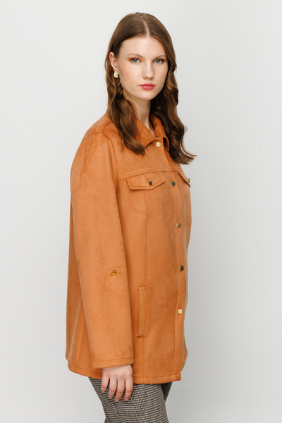 Ekol Γυναικεία καμπαρντίνα από δέρμα αγελάδας σε χρώμα καμήλας 7705 - με κουμπιά