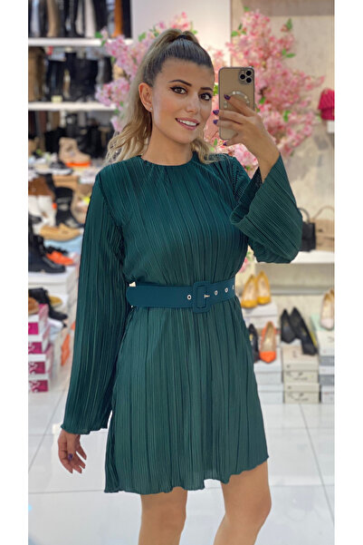 TUĞBALİ Kadın Kemerli Pliseli Astarlı Elbise