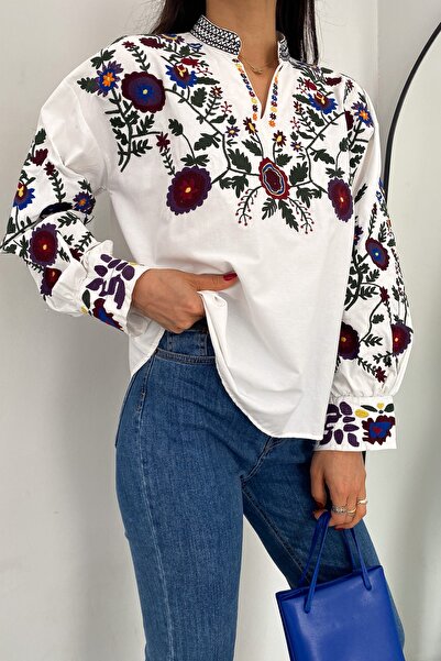 FEMELLE Bluză din bumbac vintage, cu guler înalt, cu broderie completă, sezon nou