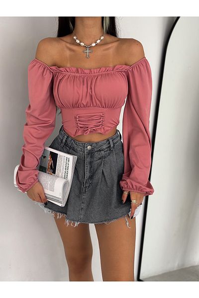 QUTTA Cherry Color Balloon Sleeves - Madonna Collar Corset Crop Μπλούζα