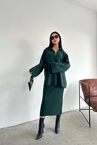 Eka Γυναικεία σμαραγδένια πράσινη φούστα με ριμπ φερμουάρ 1014-3099