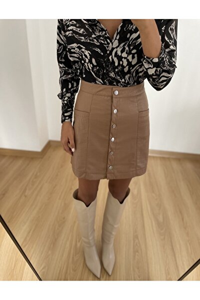 Myrum butik Taba Desenli Düğmeli Deri Etek
