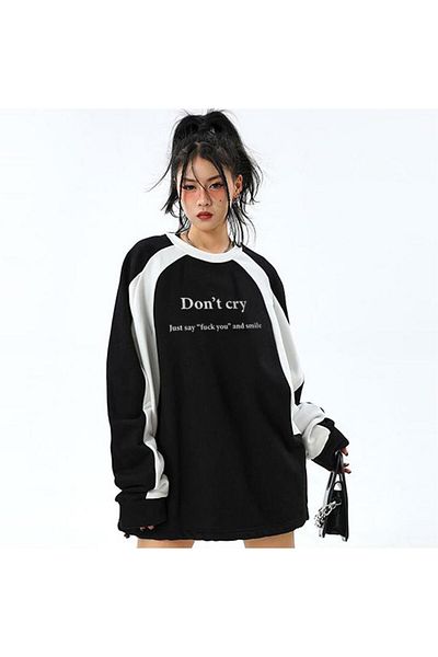 Gofeel Day Light Don't Cry Printed Line Detail Unisex Oversize Crew Neck Black Sweatshirt
