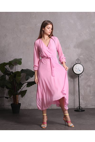 Azra Style Γυναικείο ροζ σιφόν φόρεμα με διπλό γιακά 4018