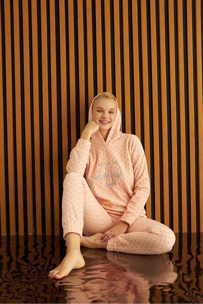 MEBA Women's Heart Pattern Hooded Winter Pajamas Pajama Set Powder -23