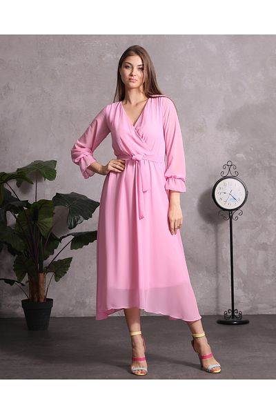 Azra Style Γυναικείο ροζ σιφόν φόρεμα με διπλό γιακά 4018