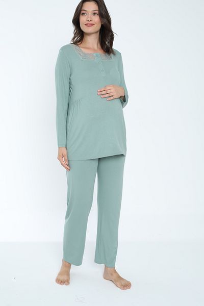 Miss Dünya Lissa Green Maternity and Maternity Pajamas Set Suitable for Breastfeeding