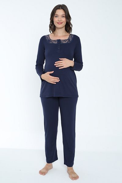 Miss Dünya Lissa Navy Blue Maternity and Maternity Pajamas Set Suitable for Breastfeeding