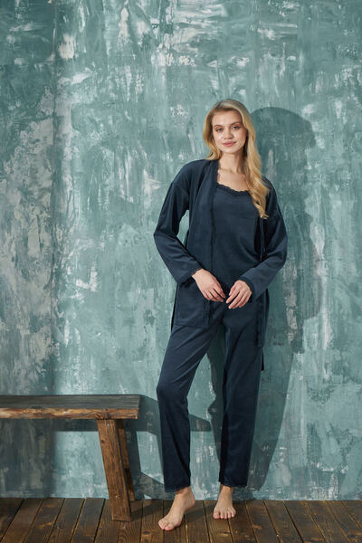 MEBA Kadın Fransız Kadife Lacivert Sabahlıklı 3'lü Pijama Takımı Çeyiz Set