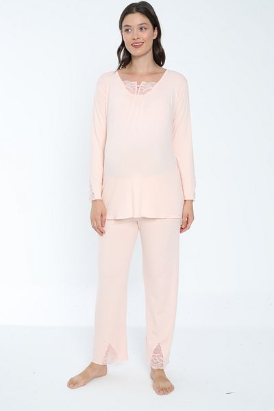 Miss Dünya Lissa Lace Detailed Salmon Maternity and Maternity Pajamas Set Suitable for Breastfeeding