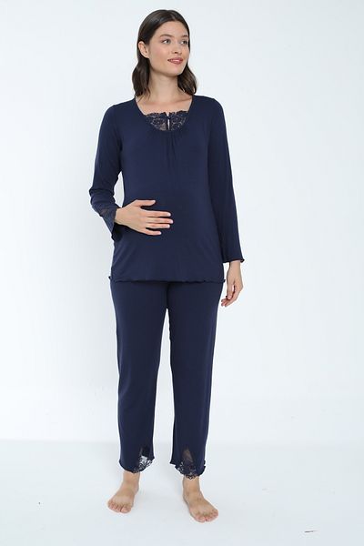Miss Dünya Lissa Lace Detailed Navy Blue Maternity and Maternity Pajamas Set Suitable for Breastfeeding
