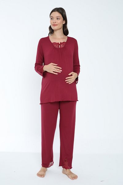 Miss Dünya Lissa Lace Detailed Claret Red Maternity and Maternity Pajamas Set Suitable for Breastfeeding