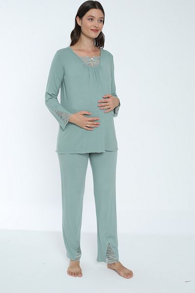Miss Dünya Lissa Lace Detailed Green Maternity and Maternity Pajamas Set Suitable for Breastfeeding