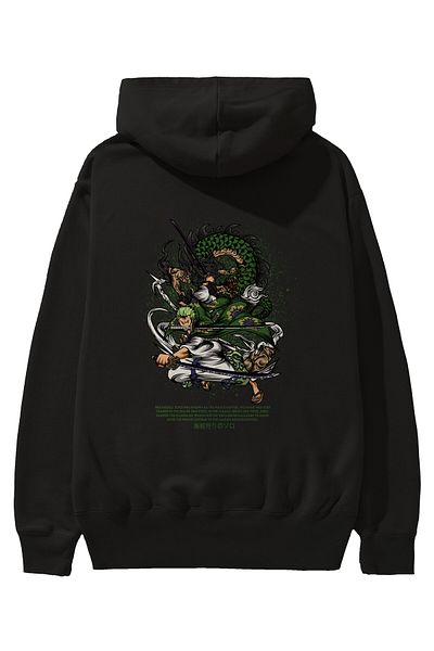 Ankhises Zoro-ONE PIECE Hanorac negru supradimensionat cu glugă, cu imprimeu pe spate, bărbați, femei