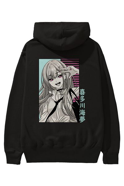 Ankhises Marin Kitagawa 1 Hanorac negru oversize cu glugă cu imprimeu pe spate, bărbați, femei